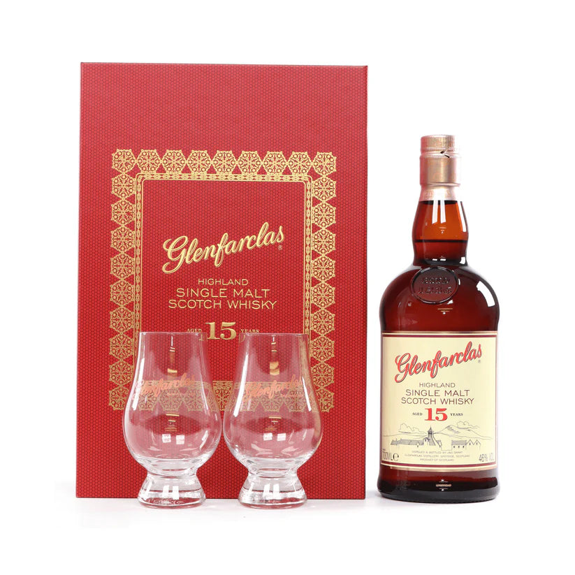 Glenfarclas 15 Year Old Single Malt Scotch with 2 Glasses