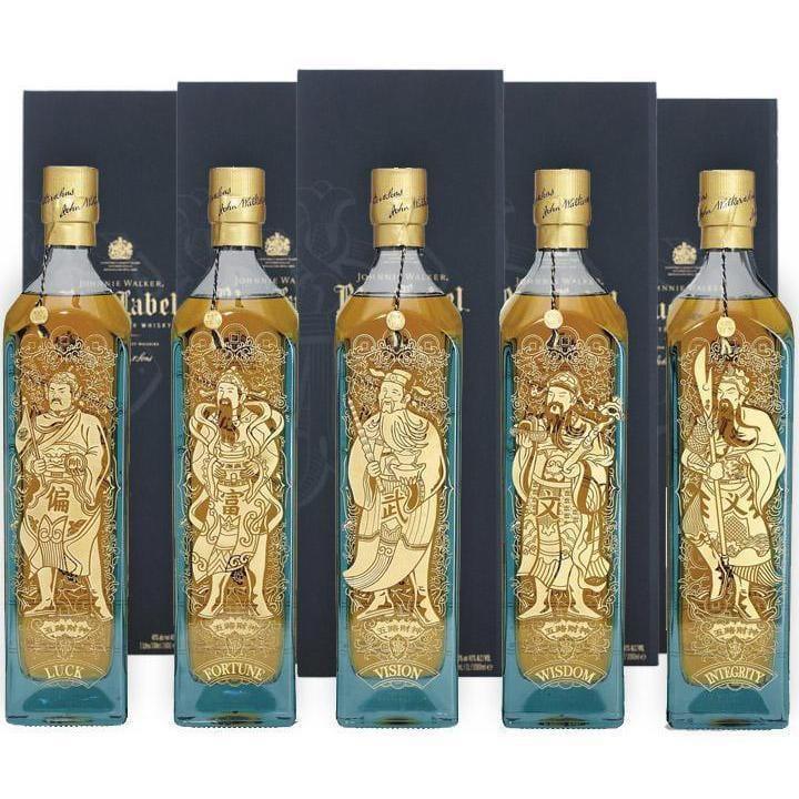 Johnnie Walker Blue Label 5 Gods of Wealth Collection (Wisdom, Vision, Integrity, Fortune & Luck) Blended Scotch Whisky 5 x 750ml